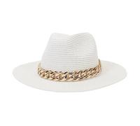 AAIXXIZAO Fedora Trilby Felt Hats Fashion Gold Chain Belt Panama Straw Hats For Women Breathable Beach Sun Hats Elegant Ladies Party Jazz Hat 59-60Cm White