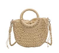 AAIXXIZAO Straw Bag Fashion Handmade Half-Round Rattan Woven Straw Vintage Tote Bag Women Messenger Crossbody Bags Beach Handbag Creamy-White