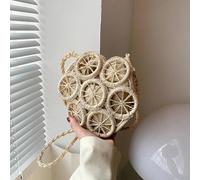 AAIXXIZAO Straw Bag Hollow Round Straw Bag For Women Casual Woven Handmade Crossbody Bag Trendy Rattan Beach Bags 22X7X21Cm Beige
