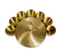 Aakrati Devyom Spice Jar Container Brass Masala Box Dani Set With 7 Containers and 1 Spoon, Golden Embossed Lid (Design-4), Gold, 8x8x2.2 inch