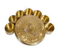 Aakrati Devyom Spice Jar Container Brass Masala Box Spice Box Masala Dani Box Set With 7 Brass Containers and 1 Brass Spoon, Masala Spice Container Golden Spice Container with Embossed Lid (Design-2)