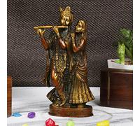 Aakrati Radha Krishna Brass Idol Statue Beautiful Divine Love Couple Sculpture Temple Puja Home Décor Gift Antique Copper Gold 8 Inches