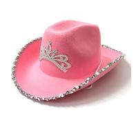 AALFA Cowgirl Hat with Tiara - Sequin or Feather Western Cowboy Hat for Dress Up, Party, Costume, Pink Sequin, 111