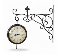 AAMEN Outdoor Garden Wall Clock & Thermometer, Vintage Double Sided Hanging Clock, Weather Resistant Metal Bracket, Roman Numerals, Patio Balcony Courtyard Wall Mounted Clock for Outdoor Use