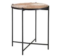 AAMEN Round Coffee Table Metal with Light Rattan Tray Table Black Foldable Legs