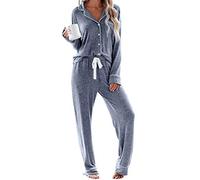 Aamikast Women's Pajama Sets Long Sleeve Button Down Sleepwear Nightwear Soft Pjs Lounge Sets, Blue, Small