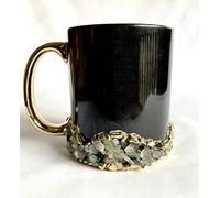 AANTHROPOLOGY By Rhea Set of 2 | Black and Gold Ceramic Big Coffee/Tea/Juice/Beverage Mug with Light Green Semi - precious Agate Crystal | 13 oz/385ml (Gold - Finish)