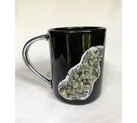 AANTHROPOLOGY By Rhea Set of 2 |Black and Gold Ceramic Big Coffee/Tea/Juice/Beverage Mug with Light Green Semi - precious Agate Crystal | 12 oz/355 ml (Silver - Finish)