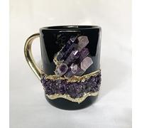 AANTHROPOLOGY By Rhea Set of 2 |Black and Gold Ceramic Big Coffee/Tea/Juice/Beverage Mug with Purple Amethyst Semi - precious Agate Crystal Gemstones | 12 oz/355 ml (Gold - Finish)