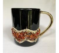 AANTHROPOLOGY By Rhea Set of 2 |Black and Gold Ceramic Big Coffee/Tea/Juice/Beverage Mug with Red Semi - precious Agate Crystal | 12 oz/355 ml (Gold - Finish)