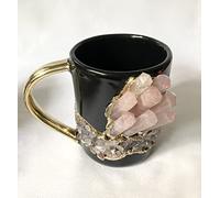 AANTHROPOLOGY By Rhea Set of 2 |Black and Gold Ceramic Big Coffee/Tea/Juice/Beverage Mug with Rose Quartz Semi - precious Agate Crystal | 12 oz/355 ml (Single piece, Gold - Finish)