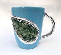 AANTHROPOLOGY By Rhea Set of 2 | Blue and Gold Ceramic Coffee/Tea Mug with Light Green Semi - precious Agate Crystal Gemstones| 8 Oz (Silver - Finish)