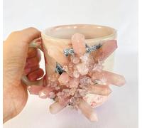 AANTHROPOLOGY By Rhea Set of 2 | Pink Marble Effect Ceramic Big Coffee/Tea/Juice Mug with Gold Plated Rose Quartz/Agate Semi - precious | 11 oz/325 ml (Silver - Finish)