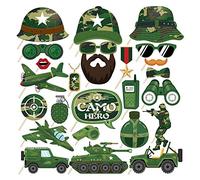 Aaon 25Pcs Army Photo Booth Props with Stick,Camouflage Theme Selfie Props,Fighting Birthday Party Supplies,Army Photography Backdrop Decorations,Fish Decorations