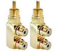 AAOTOKK RCA Y Splitter Adapter,Gold-Plated 90 Degree Right Angle RCA Male to 2 RCA Female Jack Audio Video Y Splitter AV TV Adapters Metal Connector (2 Pack/1to2)