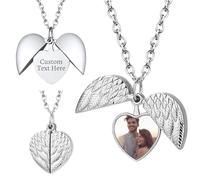 AAQ Personalised Photo Locket Necklace - Custom Text Photo Engraved Necklace, Engraving Jewellery Gifts for Women Family Lovers (Wings Style 1)