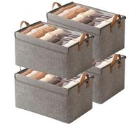 AARAINBOW Closet Clothes Organizer Bins 4 Pc, Fabric Box Storage Shelf Bins Stackable, Foldable Closet Shelf Storage Container with Lid, Fabric Storage Bin with Steel Frame, 23L (4 Gray with Lid)