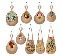 AARAINBOW Jute Kitchen Hanging Wall Baskets 9 Pcs, Small Woven Fruit Vegetable Storage Rack Indoor, Potato Cotton Wicker Sacks with Peg, 24 Hooks Brown