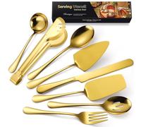 AARAINBOW Large Serving Utensils Set, 8 Pcs Metal Serving Cutlery Set for Parties, Stainless Steel Spoons Fork Tong Ladle for Buffet Catering, Hostess Chefs, Matte Gold