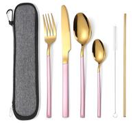 AARAINBOW Portable Cutlery Set for 1 Person, Stainless Steel Knife Fork Spoon Straw Set. 6-Piece Flatware Set with Bag, Suitable for Travel Camping Work, Dishwasher Safe, Pink Gold