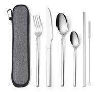 AARAINBOW Portable Cutlery Set for 1 Person, Stainless Steel Knife Fork Spoon Straw Set. 6-Piece Flatware Set with Bag, Suitable for Travel Camping Work, Dishwasher Safe, Silver