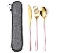 AARAINBOW Stainless Steel Silverware Set for 1, Reusable Knife Fork Spoon Set with Case, 3 Pcs Flatware Set for Travel Home, Lunchbox Cutlery Set (Pink Gold)