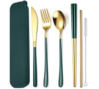 AARAINBOW Travel Utensil Set 6 Pieces, 18/8 Stainless Steel Flatware Set Portable Reusable Cutlery Set with Chopsticks Knife Fork Spoon Straws Cleaning Brush Dishwasher Safe (Green Golden)