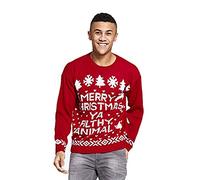 Aarhon Mens Mery Christmas Ya Filthy Animal Printed Knitted Christmas Jumper UK (UK, Alpha, L, Regular, Regular, RED)