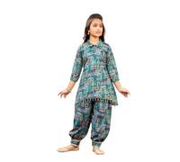 Aarika Girls Ethnic Wear Sea Green Colour Abstract Printed Cotton Kurti Patiala Set With Belt