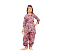 Aarika Girls Ethnic Wear Sea Green Colour Abstract Printed Cotton Kurti Patiala Set With Belt