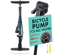 AARON Sport One Bicycle Floor Pump with Pressure Gauge for All Valves | High Pressure Bicycle Pump Including Ball Attachment | Air Pump for E-Bike, Mountain Bike, Road Bike and Much More Blue