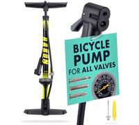 AARON Sport One Bicycle Floor Pump with Pressure Gauge for All Valves | High Pressure Bicycle Pump Including Ball Attachment | Air Pump for E-Bike, Mountain Bike, Road Bike and Much More Yellow