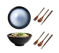 Aartner Ceramic Ramen Bowl Set of 2 with Chopsticks, Fork and Spoon, 1200ml Ramen Bowl Kit Soup Bowl, Ramen Noodle Bowls Microwavable, Ceramic Bowl for Pasta Bowl,Snack,Soup,Salad Bowl (White-Blue)