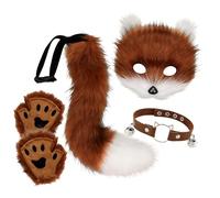 Aartner Collar Faux Fur Fox Tail Fluffy Cat Wolf Cosplay Costume Plush Mask Paw Gloves Set Halloween Christmas Party for Girls Women (Reddish-brown)