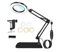 Aartner Magnifying Glass with Light,10X Magnifying Lamp with 5 Color, 6.3" Diameter Glass Desk Lamp with Stand and Clamp, Metal Adjustable Swivel Arm Lamp Craft Light for Close Work (Black)