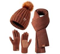 Aartner Touch screen winter gloves ladies hat scarf set,thermal gloves hat touch screen gloves multi-color ladies scarf neck warmer 3 in 1 (Light Brown)