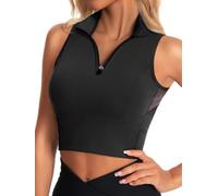 AARYA Women Crop Tank Top Padded Sports Bra Half-zip Stand-up Collar True Black M, True Black, Medium