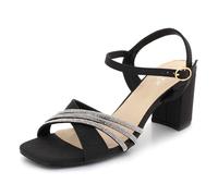 AARZ LONDON Womens Diamante Ankle Strap Block Heel Sandals Square Toe Evening Wedding Party Bridal Prom Ladies Black Shoes Size 4 UK 37 EU