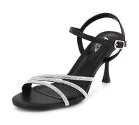 AARZ LONDON Womens Diamante Stiletto Heel Sandals Square Toe Ankle Strap Evening Wedding Party Bridal Prom Ladies Sparkly Black Shoes Size 5 UK 38 EU