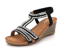 AARZ LONDON Womens Sparkly Wedge Sandals Elastic Strap Summer Rhinestone Detailing Elegant Evening Casual Holiday Black Shoes Size 4 UK 37 EU