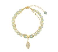 aaSccex Jewellery for Chinese Extended Feeling - Jade Leaf Chinese Wind Cord Female Pearl and Jade Cord for Sending a Peace Bracelet Watch 3 Leather Bracelet, one size, Glass, No Gemstone