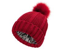 aaSccex Women's Winter Thickening Bobble Hat Warm Ski Hat Knitted Hat Women's Winter Transition Hat Warm Winter Hats Merino Beanie Bobble Hat, Wine Red, One Size