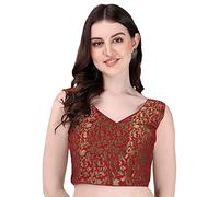 Aashita Creations Fashion Women's Brocade V Neck Sleeveless Blouses_Red_1378