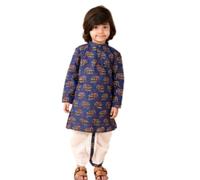 Aashita Creations Kids Traditional Indian Kurta Set, Navy Blue Cotton with Elephant Print Pattern, White Dhoti Pajama (Navy Blue and White, 6-12 Months)