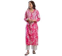 Aashita Creations Women's Cotton Blend Chikankari Embroidered Straight Kurti, Pink and White, Only Kurti, Pink, Large