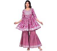 Aashita Creations Women's Rayon Anarkali Embroidered Gotta Patti Kurta Suit Set with Dupatta & Sharara Pink Color, Pink, S