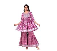Aashita Creations Women's Rayon Anarkali Embroidered Gotta Patti Kurta Suit Set with Dupatta & Sharara (UK, Alpha, M, Regular, Regular, Pink)