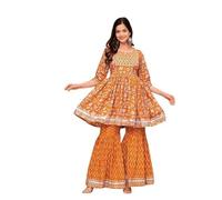 Aashita Creations Women's Rayon Anarkali Embroidered Gotta Patti Kurta Suit Set with Dupatta & Sharara (UK, Alpha, XL, Regular, Regular, Mustard)