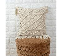 AASHIYANA SAJONA Cotton Macrame Hand-Woven Knitted Square Pillow Cushion Cover Off-White (Large - 16x16 inch, Beige)