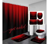 AAtter 4 Piece Red and Black Shower Curtain Set Get Naked Funny Adults Gothic Mens 60Wx72L Curtains Decor with Non-Slip Rugs, Toilet Lid Cover and Bath Mat Bathroom Accessorie Home Bathtub Set, Ombre